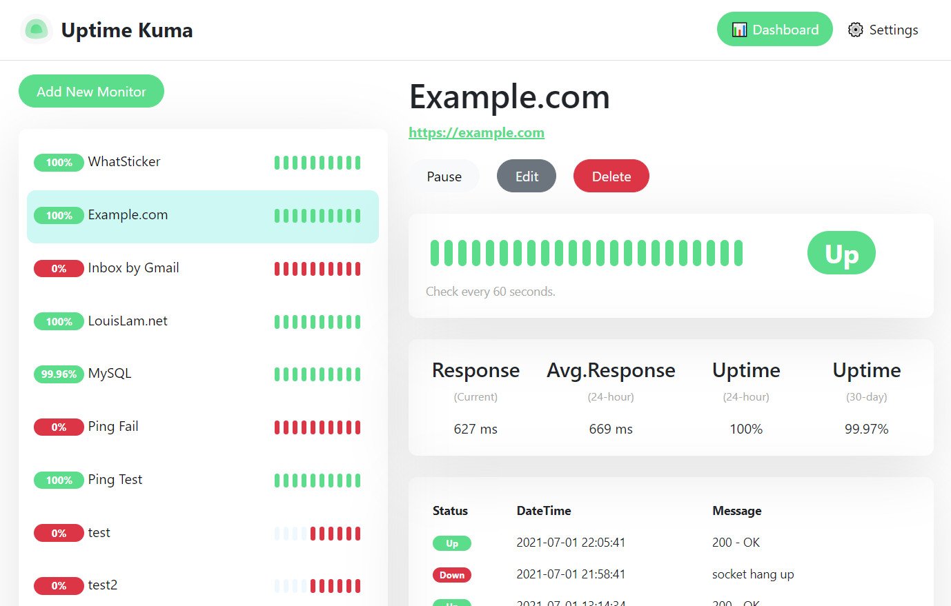 Внешний вид Uptime Kuma